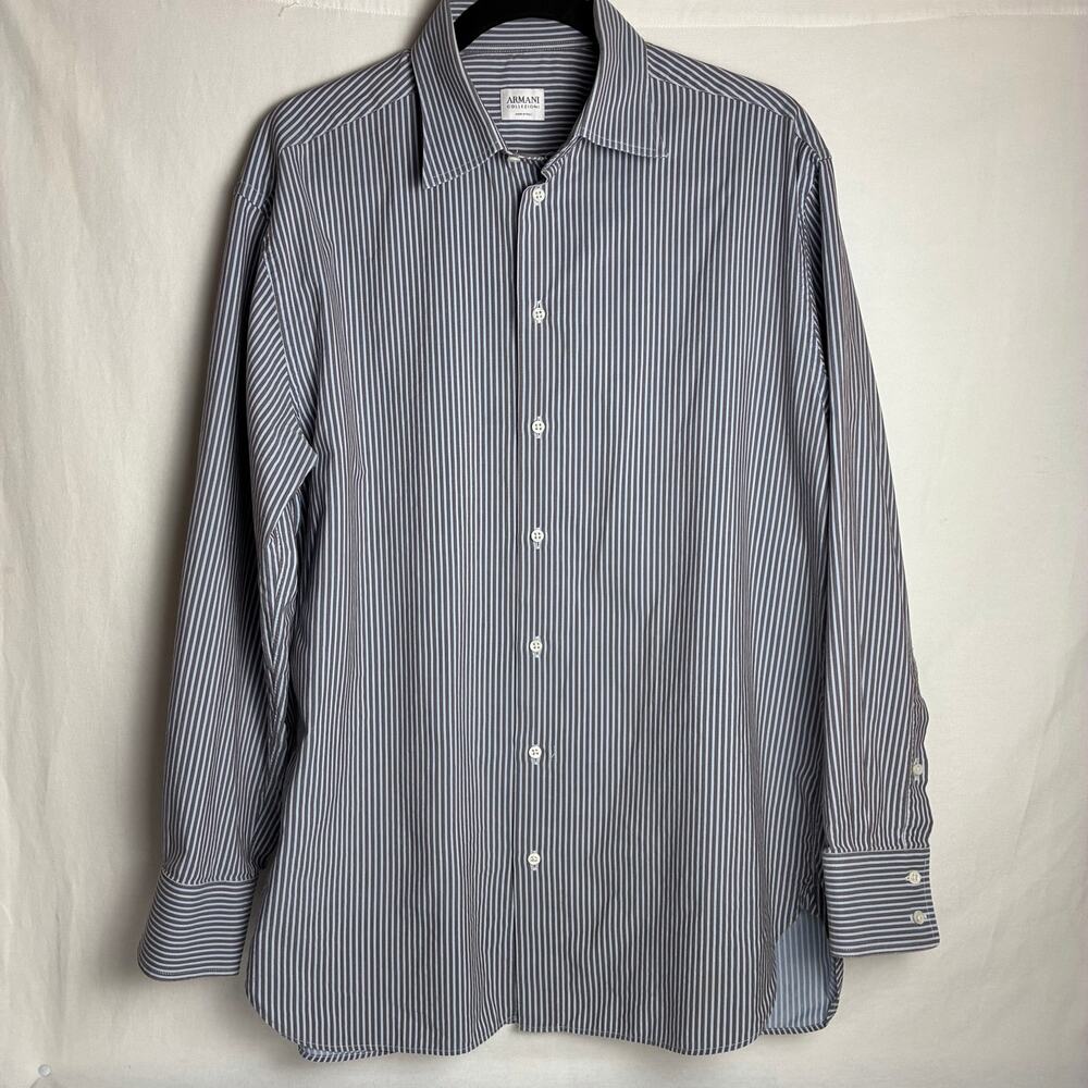 Armani Collezioni Striped Dress Shirt Mens 41 16R Gray Light Blue Italy Cotton